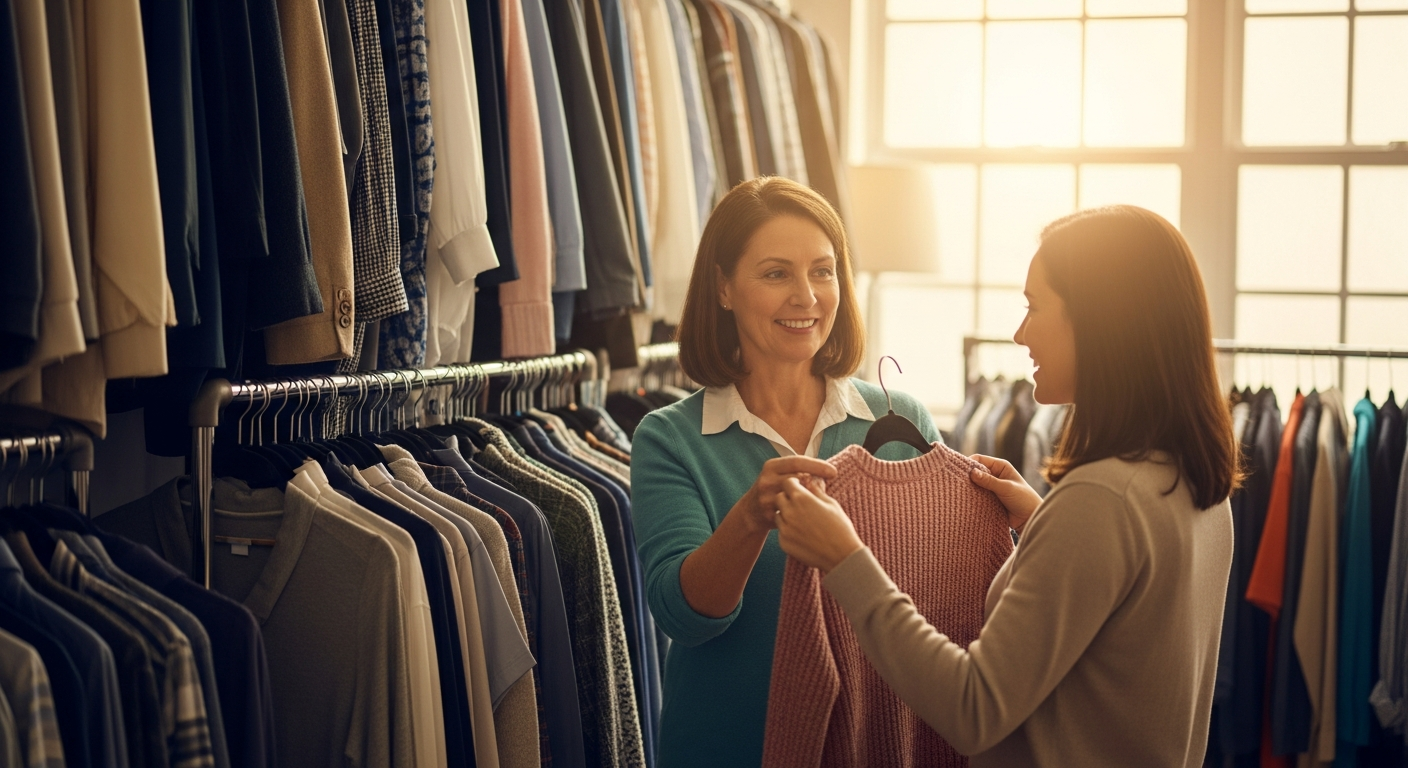 Volunteer helping someone select clothes at a clothing ministry